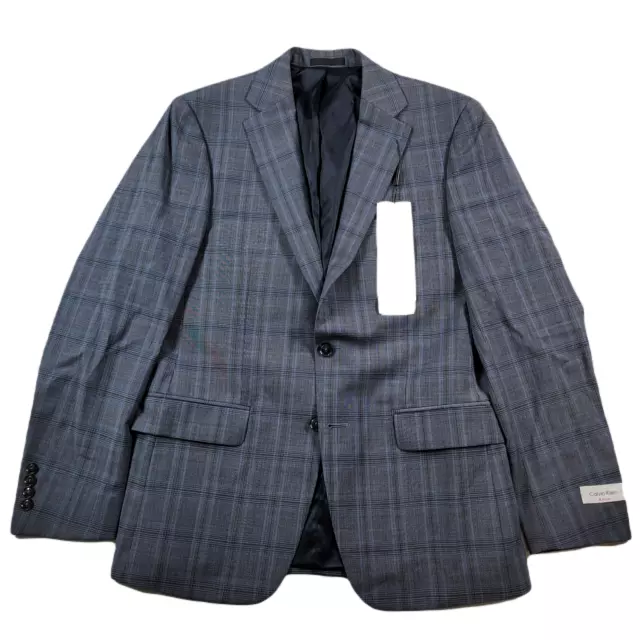 Calvin Klein Slim-Fit Suit Jacket Mens 40R 40 Grey Blue Plaid Wool Stretch $450