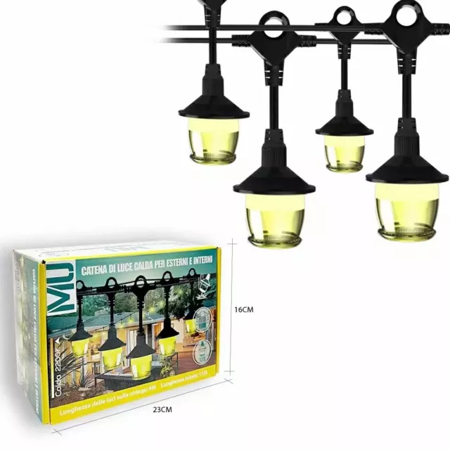 Catena Luminosa Led Luce Calda 2200K Impermeabile Ip65 Esterno 11 Mt 8 Modalita