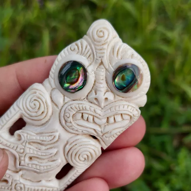 Tiki Large Pendant Maori Hand Carved Bone Abalone Eyes New Zealand