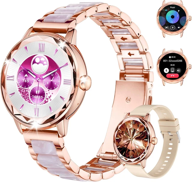 PAKRYS Smartwatch Donna Con Diamanti - 1.2" AMOLED, Chiamate Bluetooth, 100+ Sport, Cardiofrequenzimetro, Sonno, IP68 (Oro Rosa)