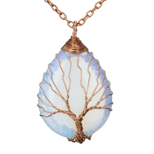 Natural Crystal Quartz Stone Tree of Life Healing Reiki Energy Pendant Necklace