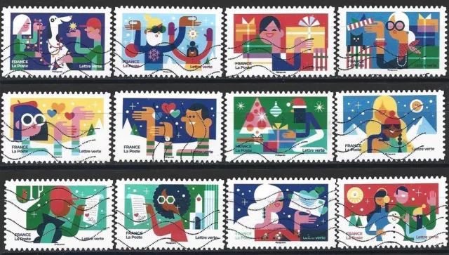 FRANCE- Série de 12 timbres autoadhésifs et oblitérés 2023 "Fête de Noël"