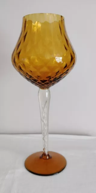 Vintage Art Glass Goblet Vase Empoli Style Large Amber & Clear Glass 60’s 