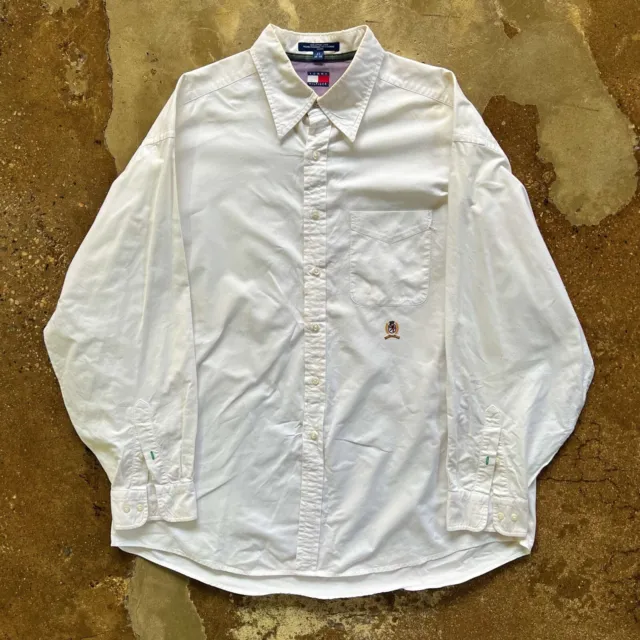 Vintage White Tommy Hilfiger Button Up Shirt Mens 2XL Embroidered Crest Logo 90s