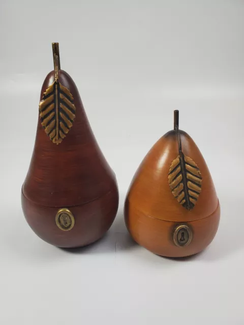 Vintage Pear Shaped Wooden Tea Caddy Box With Brass Leaf and Faux Lock Set Of 2