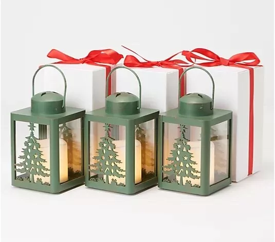 Set of (3) 6" Holiday TREE Lanterns w/Gift Boxes + Timer by Candle Impressions