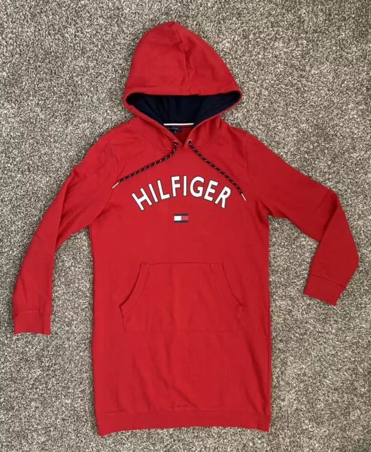 Tommy Hilfiger Womens Medium Red Hooded Sweater Hoodie Sweatshirt Dress