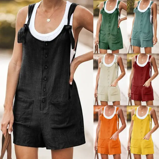 Womens Loose Mini Jumpsuit Shorts Dungaree Pinafore Playsuit Overalls Romper