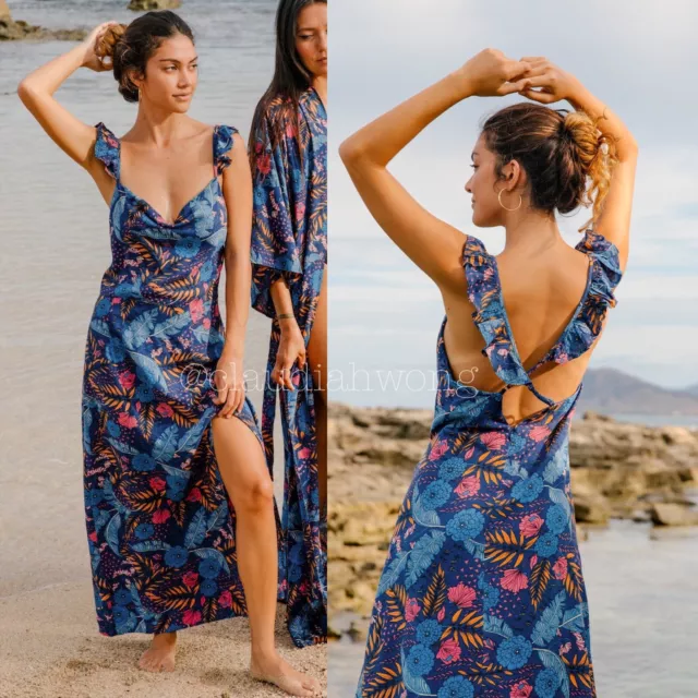 NWT XIX PALMS Pupukea Blue Floral Ruffle Cowl Maxi Slip Dress Sz M Anthropologie