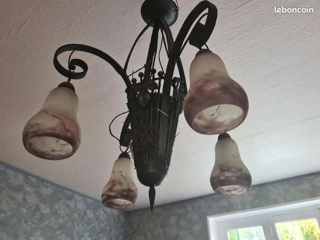 Lustre Suspension Muller Frères Signé Support Tulipes en Bronze