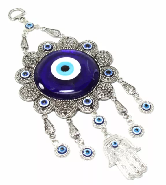 Turkish Blue Evil Eyes Large Flower Hamsa Hand Amulet Charm Wall Hanging Decor.