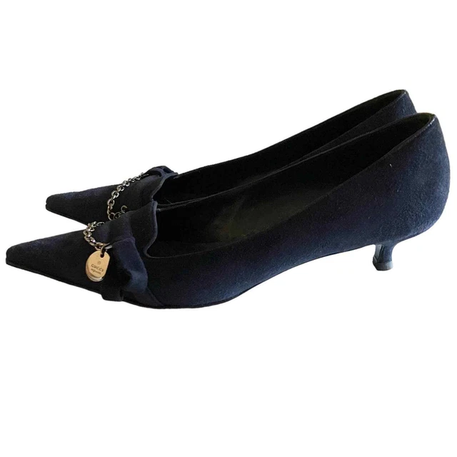 Vintage Gucci Heels Navy Suede Chain Detail Kitten Heel Size 10