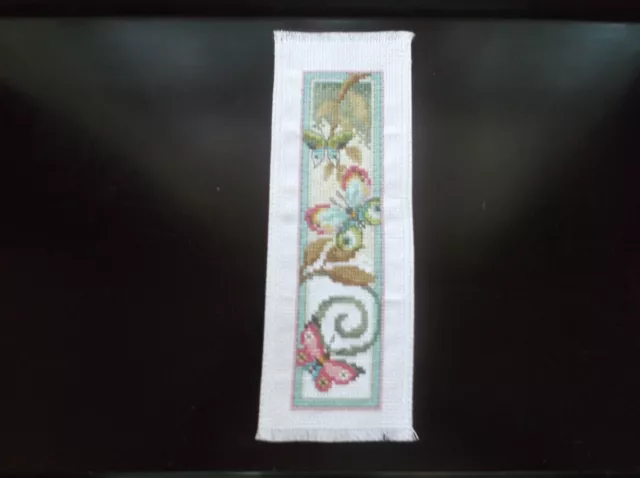 Completed Cross Stitch Bookmark -Faith, Hope, Love flowers and hearts