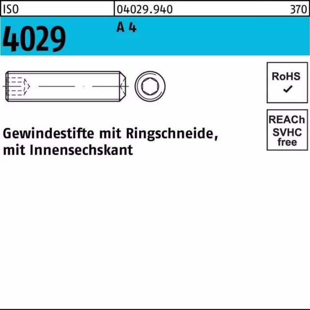 Gewindestift ISO 4029 Ringschneide/Innen-6-kant M 8 x 12 A 4