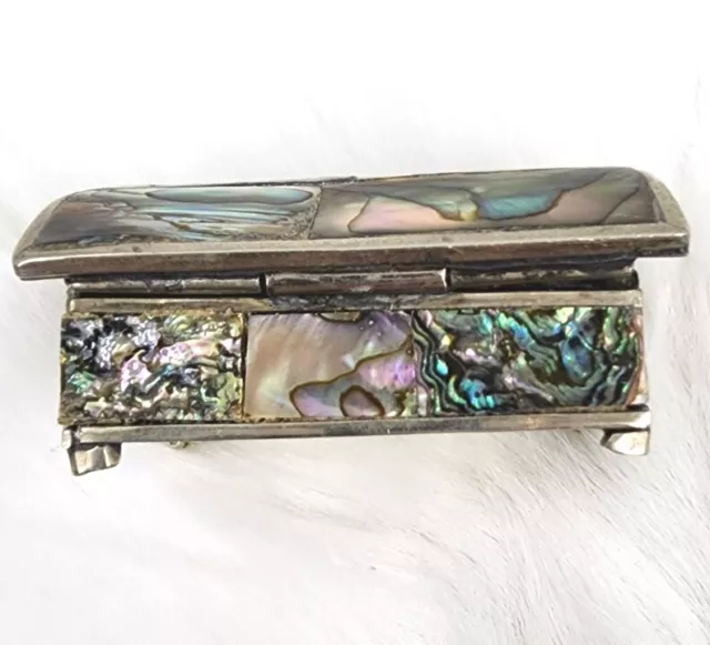 Alpaca Silver Albalone Shell Inlay Felt Lined Trinket Pill Jewelry Box 2.75X1.25