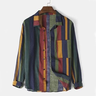Uomo a Righe Cotone Lino Camicia Multi Colore Business Casual Top Manica Lunga