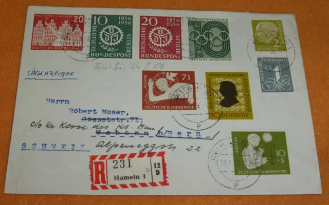 Bund R-Brief Buntfrankatur 1956 Hameln Wabern bei Bern Schweiz Rücks. 4 Stempel