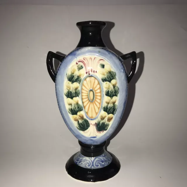 Vintage Maruhon Ware Double Handle 10" Tall Urn, Made in Japan Blue Floral Vase