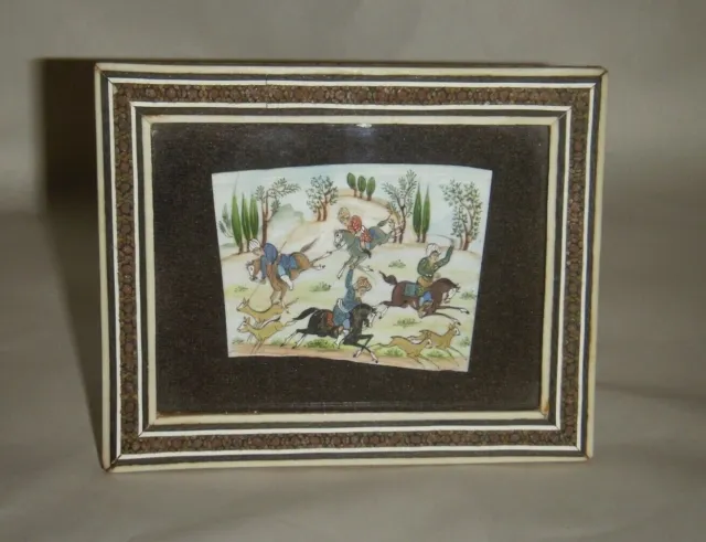 Antique 19 Century Persian Painting 4 Hunters Horseback 3" X 2" In Mosaic Frame