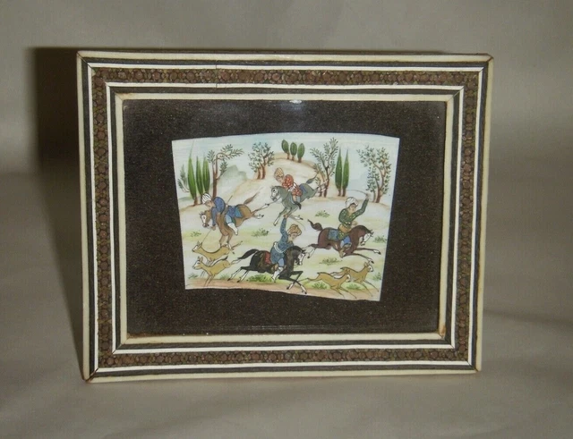 Antique 19 Century Persian Painting 4 Hunters Horseback 3" X 2" In Mosaic Frame