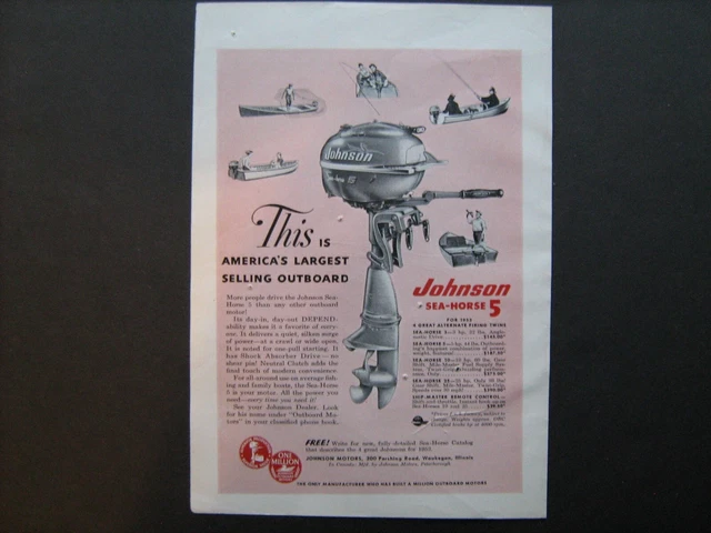 1953 Johnson "Sea-Horse 5hp-America's Largest Selling" outboard motor vintage ad