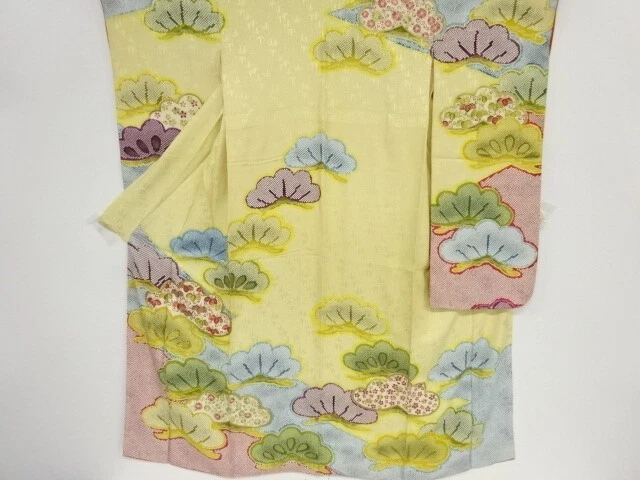 35894# Japanese Kimono / Antique Furisode / Embroidery / Pine & Floral Plant