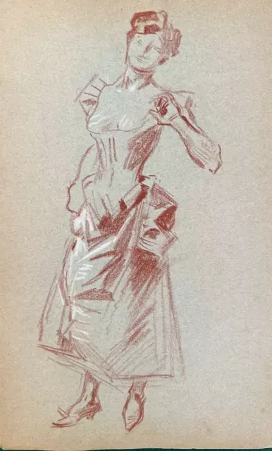 C10/45-Dessin Original-Sanguine Et Craie-Jules Chéret-Peintre-[Élégante]-1906