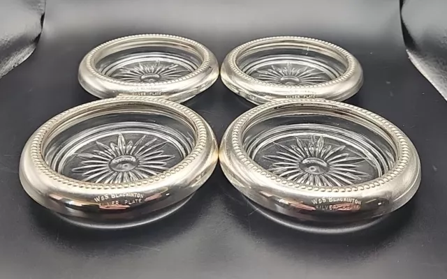 Vintage W & S Blackinton Company Crystal And Silver Plt Coaster Ashtray Set of 4