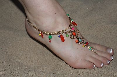 Colorful Barefoot Sandal Acrylic Gem Gold Leaf Toe Anklet Foot Chain 