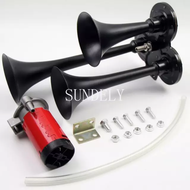 12v Black Loud Triple Trumpet Air Horn 150dB Car Truck RV Train Boat Super Loud