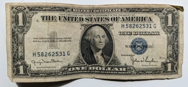 1935D U.S. $1 Silver Certificate Bill Note - Blue Seal. Circulated.