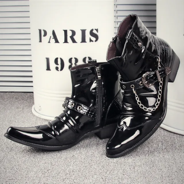 MEN'S PATENT LEATHER Ankle Bootie with Chains Punk Rock & Roll Retro ...