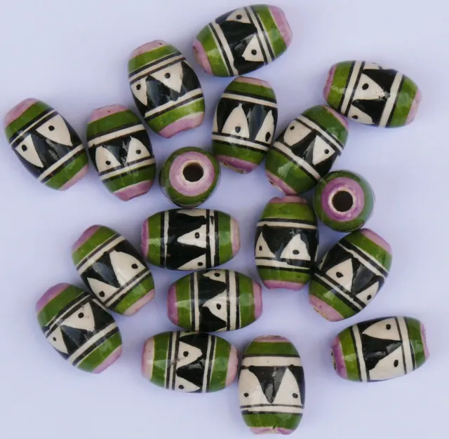 20 Peru Keramik Perlen  15 mm grün weiß schwarz oval Indianer Schmuck Inka