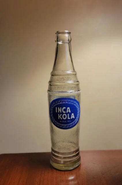 VINTAGE INCA KOLA Soda Glass Peruvian Soda Pop Bottle Clear Blue Peru