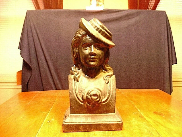 Antique 19ThC Cast Iron Bust Of Lady With Rose