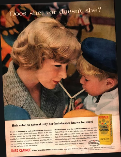 a1959 Miss Clairol Hair Color Bath Vintage Ad Lady And Kid Drinking From Straw b