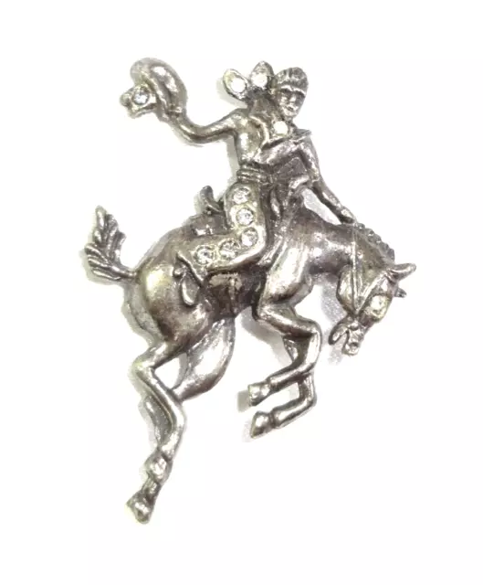 Vtg Circa 1930's Pot Metal Rhinestone Cowboy Rodeo Bucking Horse Brooch / Pin!