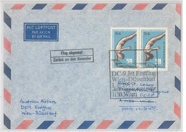 Osterreich 1975. Flug Wien Dusseldorf. Flug abgesagt, cancelled flight, air mail