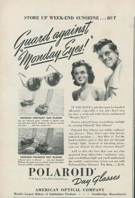 1942 Polaroid Day Glasses Sailboats Glare Couple Monday Eyes Vtg Print Ad L24