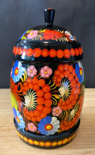 VINTAGE Petrykivka Traditional Folk Art UKRAINE Floral Black Lacquered Wood Jar