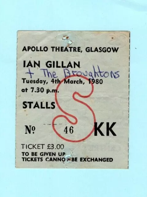 Ian Gillan from Deep Purple 1980 Concert Ticket Stub Glasgow, UK, Glory Road