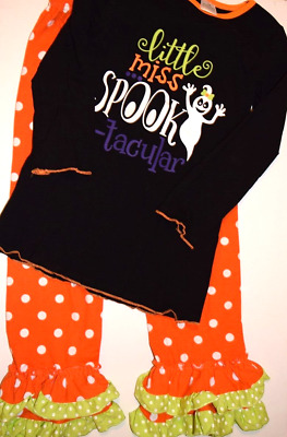 Nwot Girls Screaming Owl Boutique Halloween Shirt Dot Ruffle Pants Set Size 7-8
