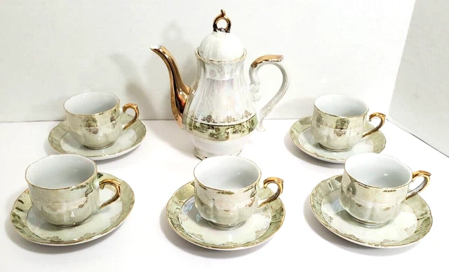 Vtg China Rose Tea Set Opalescent Gold Trim Tea Pot Lid 5 cup 5 Saucer Stunning
