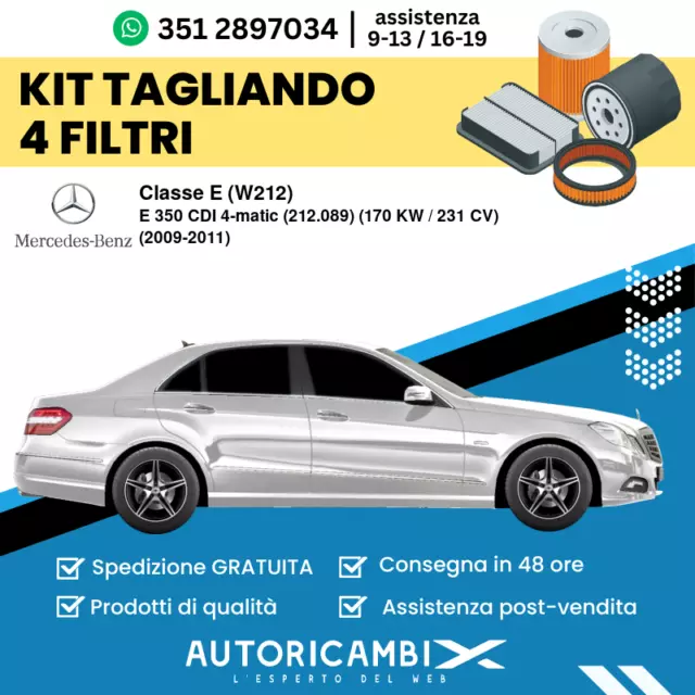 TAGLIANDO 4 FILTRI per MERCEDES-BENZ Classe E (W212) E 350 CDI 4-matic (212.0...