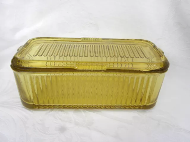 Vint. Federal Yellow Depression Glass Rectangle Ribbed Covered Refrigerator Jar