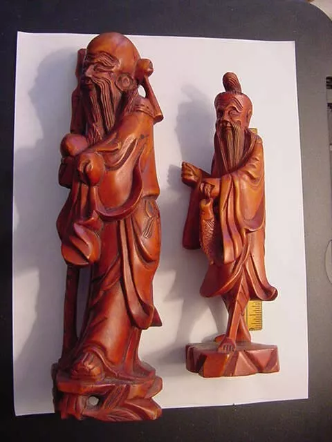 2 Vintage Chinese Hand Carved Wood Figurines, Shou-Lao & Fisherman