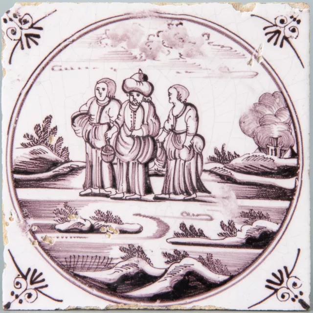 Nice Dutch Delft manganese biblical tile, 18th. century.