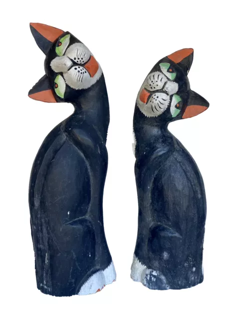 Pair of Cats, Hand Carved & Painted Wood Vintage, Asian/Indonesia/Bali