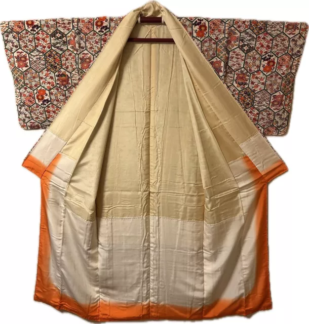 Bellissimo Kimono 100% Seta, Vintage Giapponese Fatto A Mano, Diamanti E Fiori Verdi