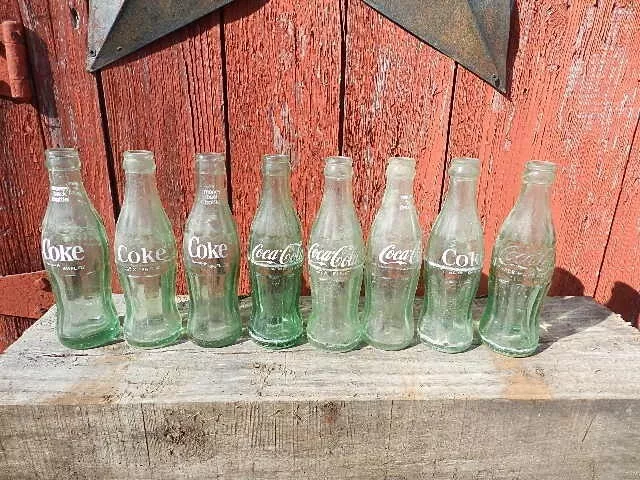 Vintage MIXED  Lot of 8  Green COCA-COLA COKE 6 1/2 oz Soda Bottles